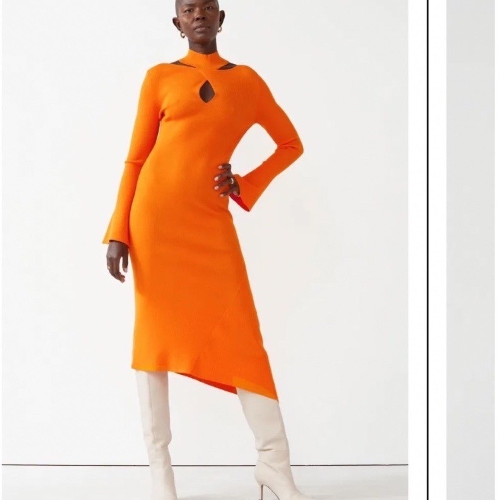 & Other Stories Orange Rib Knit Keyhole Asymmetric Midi Dress Mock Neck Bell s